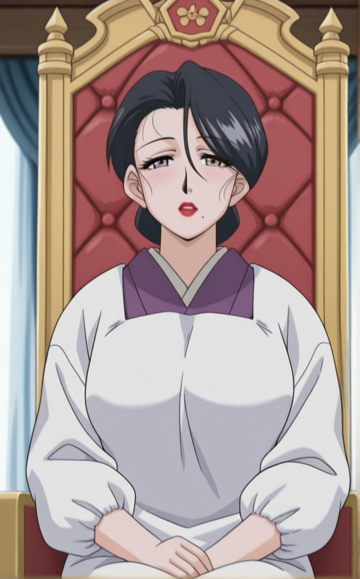 masterpiece, best quality, insaneres, absurdres,sitting on throne, sitting, throne, throne room, straight-on, curtains, light particles, bokeh, loaded interior, indoors, solo, looking at viewer,  <lora:ILLUSTXL_MistreatedBride_SumieTakayanagi_ownwaifu:1>, BREAK WhiteApron_SumieTakayanagi_ownwaifu, 1girl, black hair, breasts, grey eyes, japanese clothes, lipstick, makeup, mature female, mole under mouth, red lips, white apron, kimono, single hair bun, apron, kappougi, hair between eyes, large breasts,