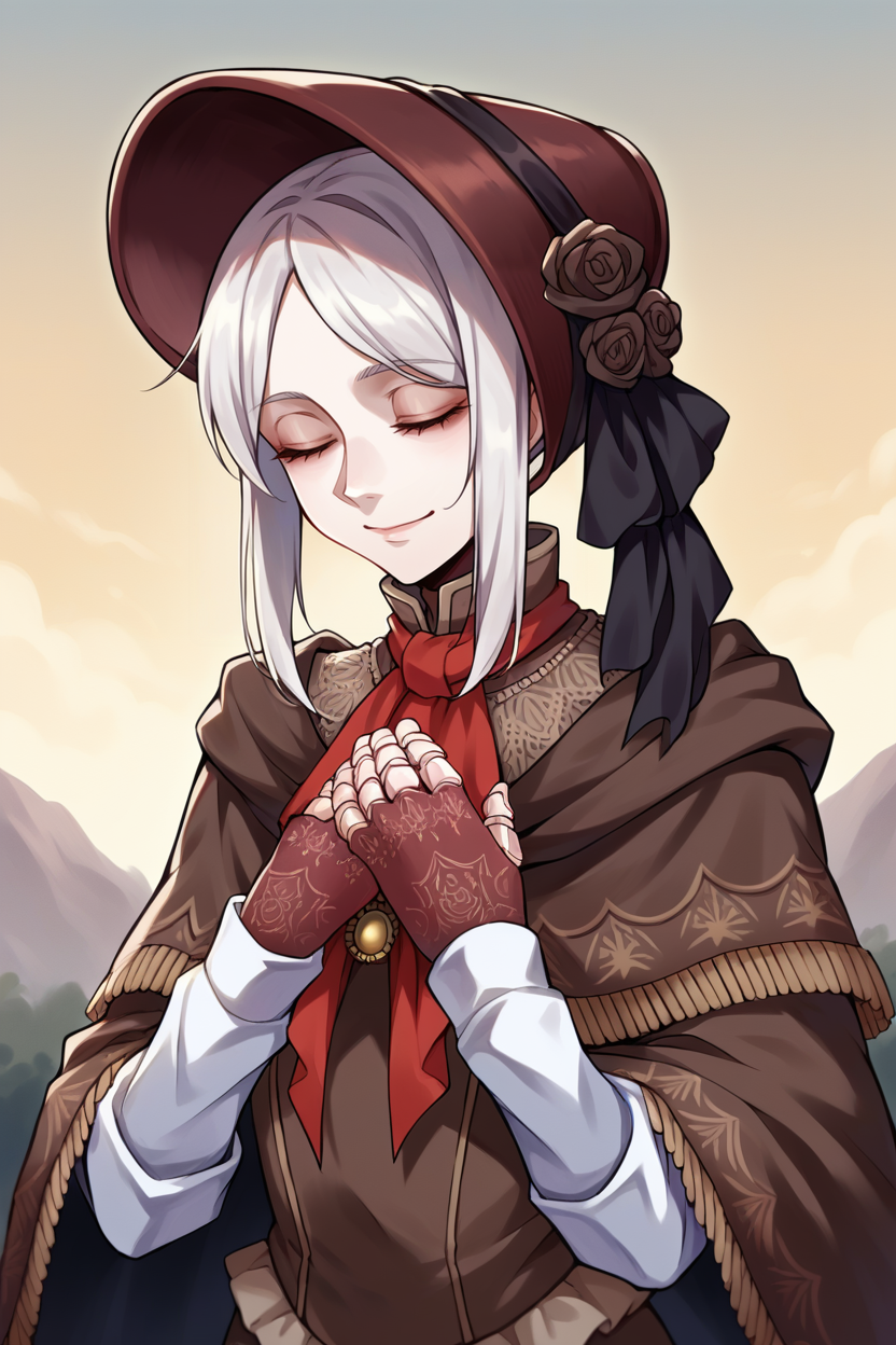 score_9, score_8_up, source_7_up, source_anime BREAK 1girl  <lora:plaindoll-pdxl-nvwls-v1:1> plaindoll, white hair, doll joints, bonnet, dark skies, desaturated, muted palette, red ascot, brown cloak, brown dress, long dress, gloves, upper body, portrait, very slight smile, horizon, closed eyes, hands to own chest, sunrise