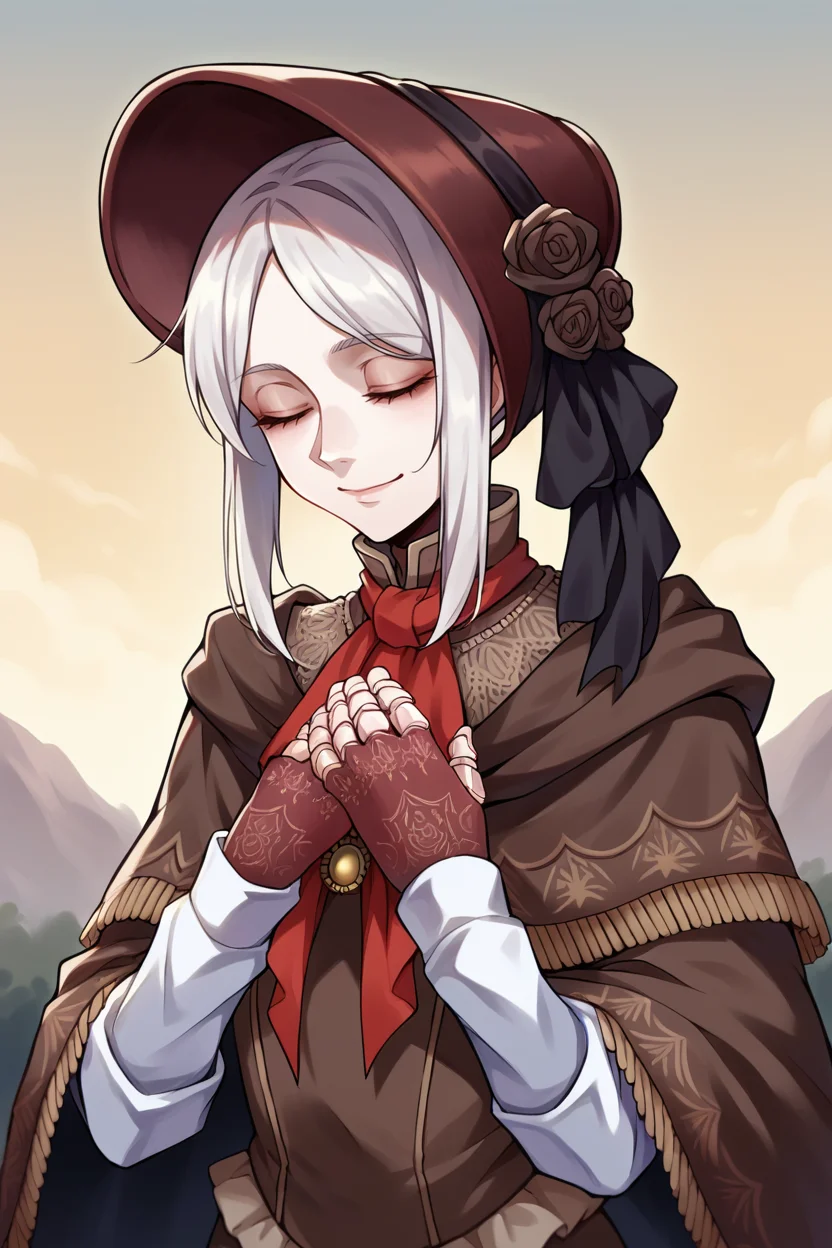 score_9, score_8_up, source_7_up, source_anime BREAK 1girl <lora:plaindoll-pdxl-nvwls-v1:1> plaindoll, white hair, doll joints, bonnet, dark skies, desaturated, muted palette, red ascot, brown cloak, brown dress, long dress, gloves, upper body, portrait, very slight smile, horizon, closed eyes, hands to own chest, sunrise