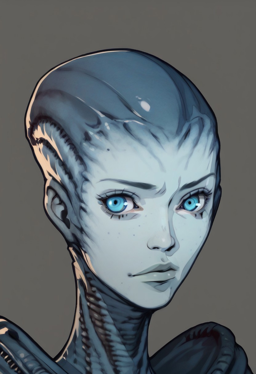 score_9, score_8_up,score_7_up, score_6_up, score_5_up, score_4_up, 
1girl, xenogirl, alien, colored skin, blue skin, blue eyes, 
(((portrait))), facing viewer, looking at viewer, neutral expression, standing, simple grey background,