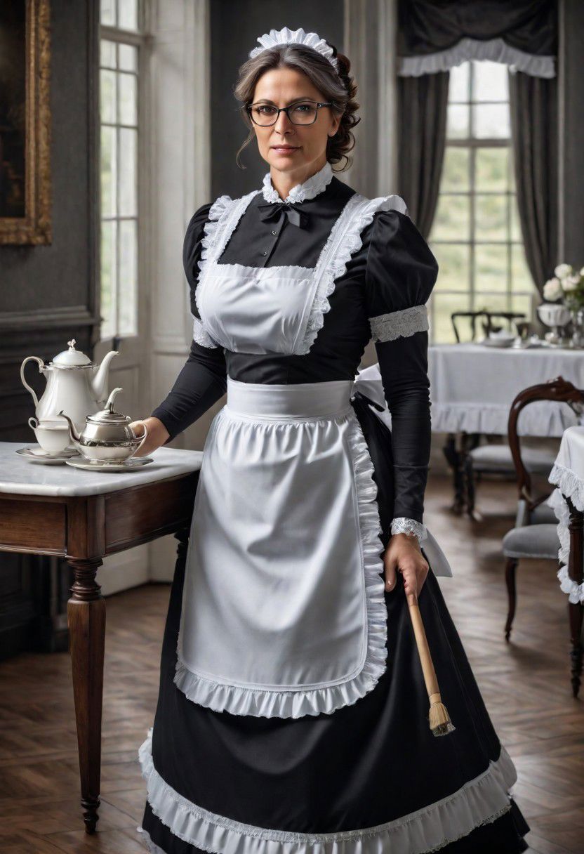 full body shot of a beautiful 45 year old woman, medium length brown hair streaked with gray, gray eyes, glasses, square face, rounded cheeks, hourglass figure, slightly overweight, victorian maid, standing in a victorian parlor, serving tea