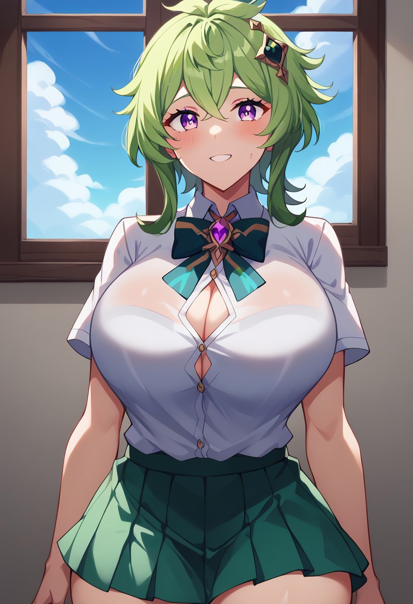 score_9, score_8_up, score_8, big breasts, big ass, 1woman, solo++, (pretty face)++, (detailed face)++, (high quality)++, anime screencap++++, (very pretty)+, (toned body)+, (setting: modern school)+++, background details++++, sky++++, blue sky++++, hallways++++, clouds++++, windows++++, indoors++++, (beautiful)++, (cute expression)+, happy++, 1girl+, collei_\(genshin_impact\), eyes+++, purple eyes+++, (outfit: school outfit)+++, short skirt+++, green skirt+++, school shirt+++, green ribbon+++, white shirt+++, short sleeves+++, green hair+++, short hair+++, huge breasts, standing+,