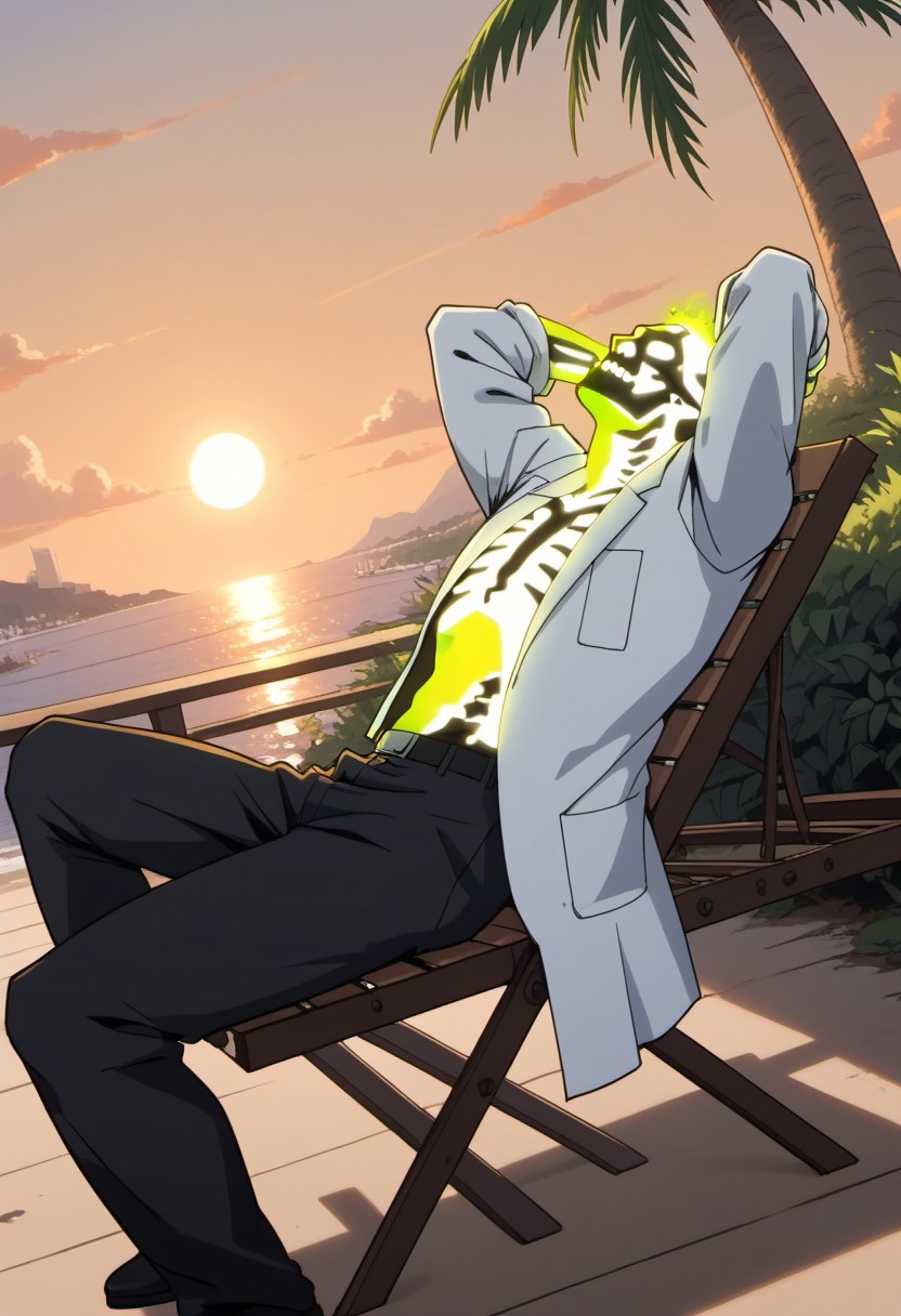 score_8_up, score_7_up, Expressiveh, masterpiece, best quality, best aesthetics, perfect anatomy, perfect proportions, high resolution, good colors, bright skin, good shading, countershading, well detailed background, BREAK, ,male focus, solo, mature male, fmale focus, 1boy, Doctor Phosphorus, Dr. Phosphorus, Skeleton, glowing, solo, BREAK, solo, afternoon, sunset, natural
lighting, orange theme, sun, summer
theme, male focus, beach chair, on
recliner, leaning back, looking away,
looking up, relaxing, smiling, 1SetClothes, labcoat, black pants, belt, boots,,
legs apart, arms up, hands behind
head, 1boy, background: outdoors
beach, bush, palm tree, scenery, from
below, dutch angle, side view,