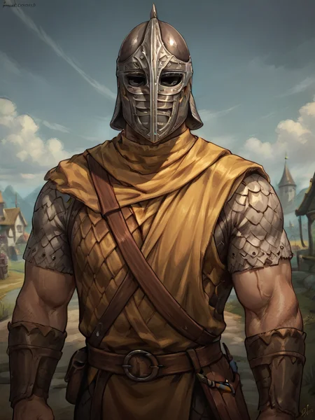score_9, score_8, portrait of whiterun_guard man, helmet, bara, armor, village background <lora:Whiterun_Guard_Skyrim:.7>