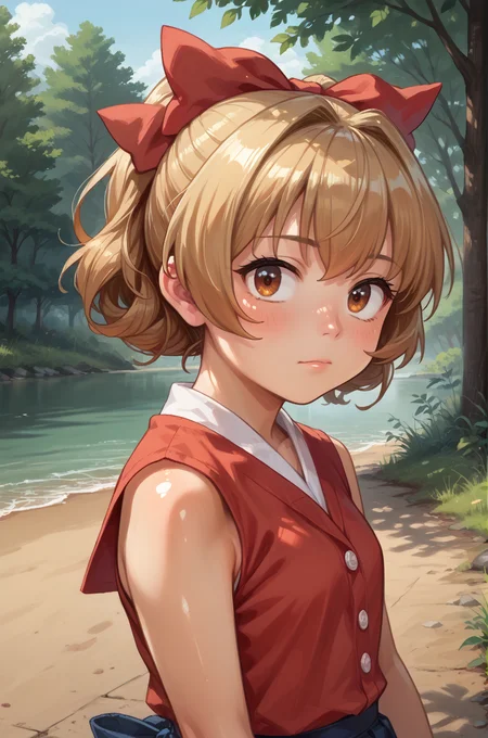 1girl, solo, outdoors,
<lora:suz:0.8> narumiya suzu, hair bow, , score_9, score_8_up, score_7_up, source anime, (shiny skin:1.20),