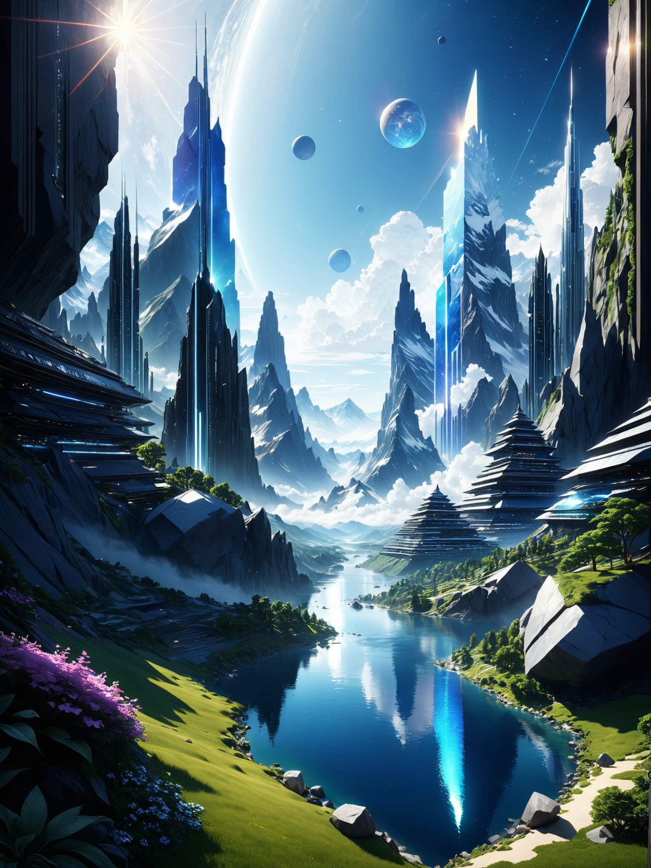 (Terragen, realistic landscapes, 3D rendered, natural:1.69) (Etheric Expanse Cosmic Journey illuminates under the Cyber City in the style of [Sougwen Chung:Hajime Isayama:0.15])