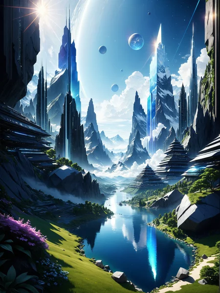 (Terragen, realistic landscapes, 3D rendered, natural:1.69) (Etheric Expanse Cosmic Journey illuminates under the Cyber City in the style of [Sougwen Chung:Hajime Isayama:0.15])