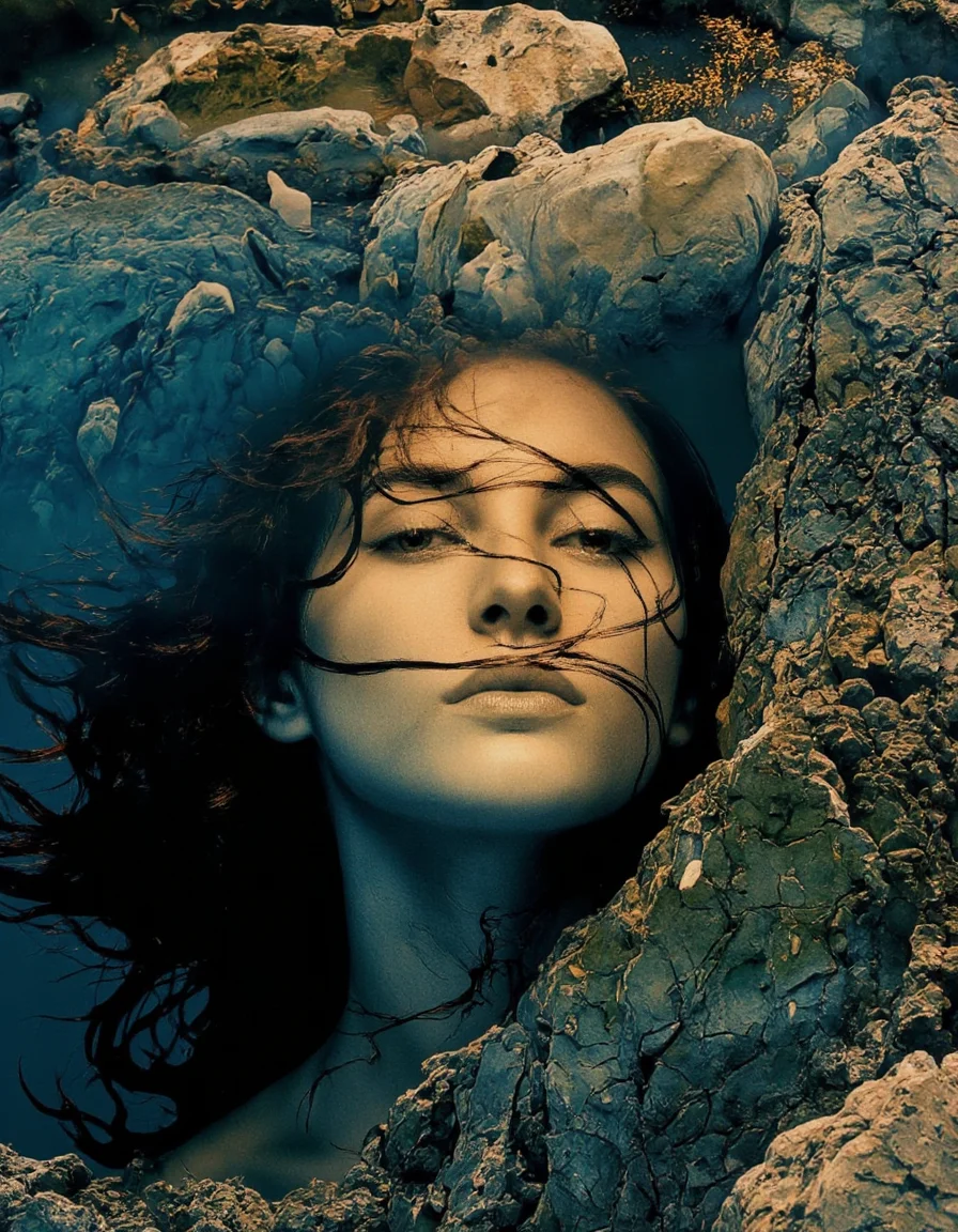 Art by Juan Brufal. A photo-realistic, surreal underwater scene featuring a close-up of a woman's face and upper body, captured from a bird's eye view, with a focus on her face and hair. the woman appears to be in her mid-twenties, with long, flowing hair and a serene expression. she is positioned in the middle of the image, with her upper body visible, and her face is partially submerged in the water. her eyes are closed, and she is looking directly at the viewer with a neutral expression. her lips are slightly parted, giving a sense of calmness and serenity. her skin is smooth and shiny, reflecting the light and creating a shimmering effect. the background is a mix of blue and green hues, with jagged rocks and rocky terrain, and the image has a dreamy, ethereal quality to it, with the woman's hair and face blending seamlessly with the surrounding environment. the lighting is soft and warm, casting gentle shadows and highlighting the texture of the rocks and water, creating an ethereal atmosphere.