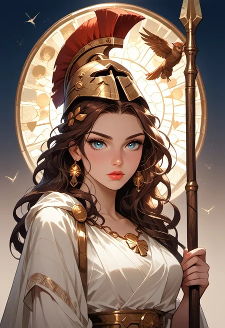 Stable_Yogis_PDXL_Positives, (score_9, score_8_up, score_7_up), ((zPDXL3)), ((zPDXLxxx)), ((Greek mythology style)), ((face focus, eye focus, dynamic angle, motion)), 1girl, solo, fantasy, (greek_athena, helmet ontop of head, brown hair, long hair, toga, armor, sandals), (ancient greek clothes), (armor), (holding spear), lace, cape, breathless intimacy, tanned skin, petite model bombshell, heart, young, delicate features, narrow pointy nose, tiny nose, lust, big eyes, seductive eyes, blue eyes, detailed skin, flared lashes, mascara, makeup, perky huge breasts, athletic body, narrow waist, skinny hips,
warm light, detailed, neon dark party
BREAK
milky way, runes, arcane, astral, surreal, ethereal glow, masterpiece, best quality, intricate design. colorful, moonlit nightsky, stained glass aesthetic, moody whimsical color palette, murano glass, bold soldering lines, volumetric light shining through, crepuscular rays, intricate craftsmanship, detailed texture, luminous transparency, reflective light play, vivid hues, atmospheric depth, enchanting silhouette, art nouveau,