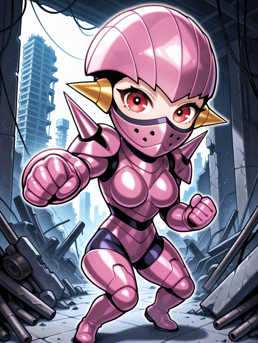 incoming punch,,full armor,robot girl,robolady,1girl,solo,chibi,clenched hands,full body,pink thigh boots,looking at viewer,covered mouth,mouth mask,pink helmet,pink armor,shoulder spikes,pink gauntlets,purple bodystocking,ruins,factory,outstretched hand, shiny
masterpiece,best quality,amazing quality,very aesthetic,absurdres,newest,<lora:Robolady illuXL v1:0.7>,