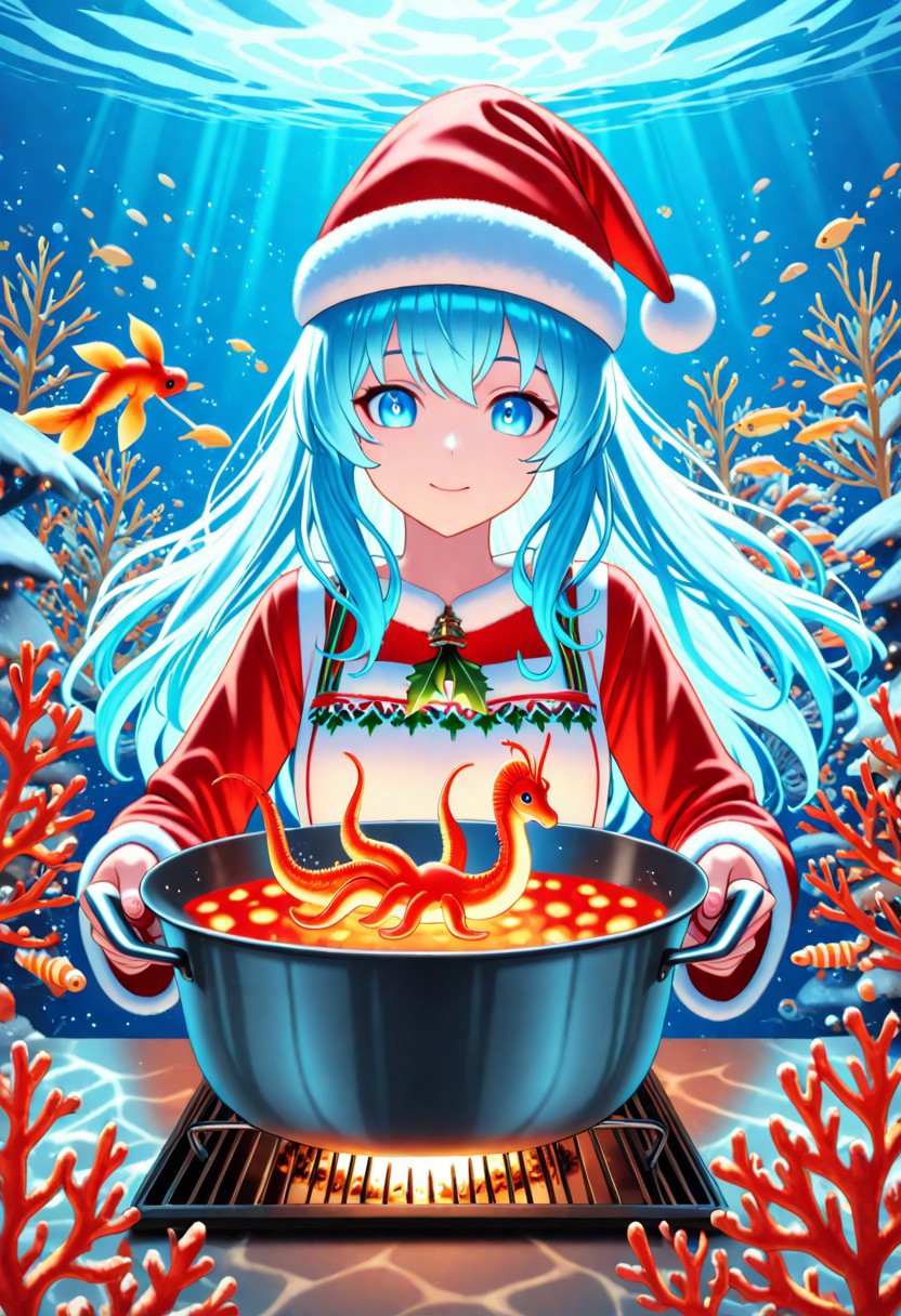 masterpiece, best quality, high quality, good quality, sarah, long hair, blue eyes, blue hair, animal, Seahorses, christmas animals, cooking, underwater, glowing corals, festive ambiance, bioluminescence, holiday theme, detailed, intricate details, dynamic lighting, festive accessories, Santa hats, christmas animals, d2j3m0x
