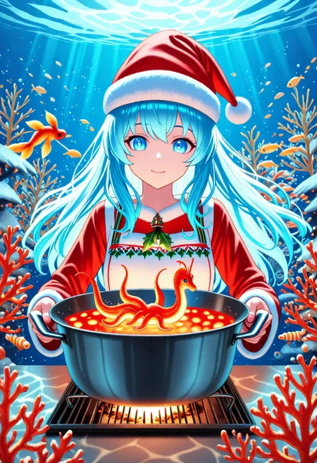 masterpiece, best quality, high quality, good quality, sarah, long hair, blue eyes, blue hair, animal, Seahorses, christmas animals, cooking, underwater, glowing corals, festive ambiance, bioluminescence, holiday theme, detailed, intricate details, dynamic lighting, festive accessories, Santa hats, christmas animals, d2j3m0x