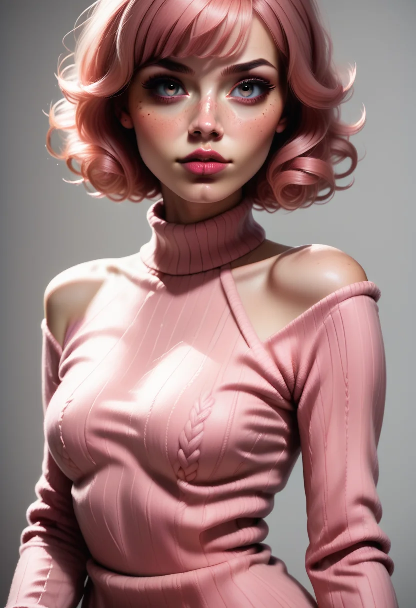 score_9, score_8_up, score_7_up, source_photo, 1girl, solo, d4rk_r0s4, realistic, beautiful eyes, sexy sweater dress, pink dress, long sleeves, bare shoulders, <lora:Dark_Rosa_Pony_v0.2:0.7>