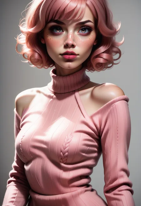 score_9, score_8_up, score_7_up, source_photo, 1girl, solo, d4rk_r0s4, realistic, beautiful eyes, sexy sweater dress, pink dress, long sleeves, bare shoulders, <lora:Dark_Rosa_Pony_v0.2:0.7>