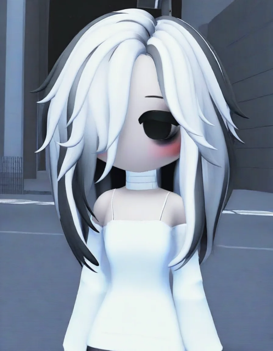 3d,solid circle eyes, chibi, black eyes, no mouth, blush, street, solo,1girl, white hair, two-tone hair, hair over one eye, empty eyes, white clothing, spaghetti_strap, long sleeves, bags under eyes, mascara, bandaged_neck