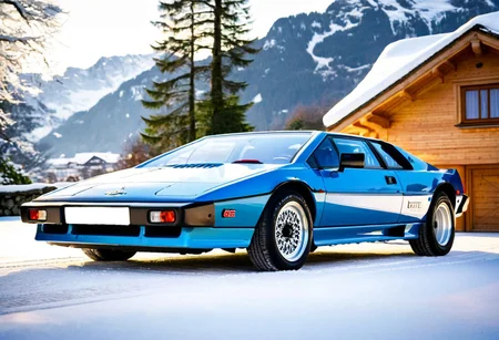 ClassicSportsCar, Lotus Esprit blue Lotus Esprit, front view, mountain chalet in Switzerland during winter, the car's black hue stands out against the winter setting, bright sunny day, snow covered trees in the background, details and atmospheric elements of the create a sense of depth and dimension,