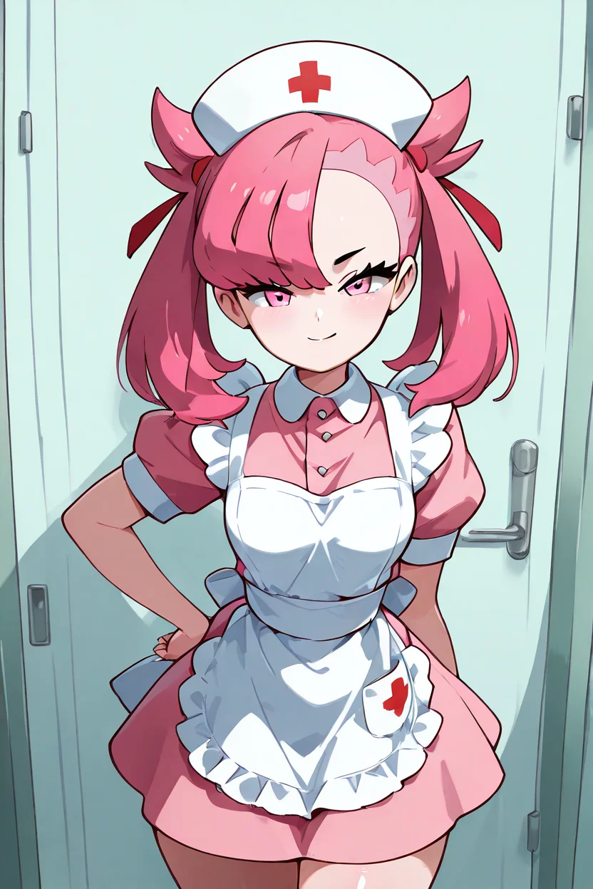 masterpiece, best quality, 1girl, solo, 21 year old model, eyelashes, (beautiful eyes), zzNurseMarnieCitron, pink eyes, hair ribbon, medium hair, pink hair, asymmetrical bangs, ribbon, nurse, pink dress, white apron, nurse cap, <lora:NurseMarnieIXL:1.0>, cowboy shot, hand on hip, smug, smile, looking at viewer, shiny skin,<lora:DiivesIXL:1.0>,
