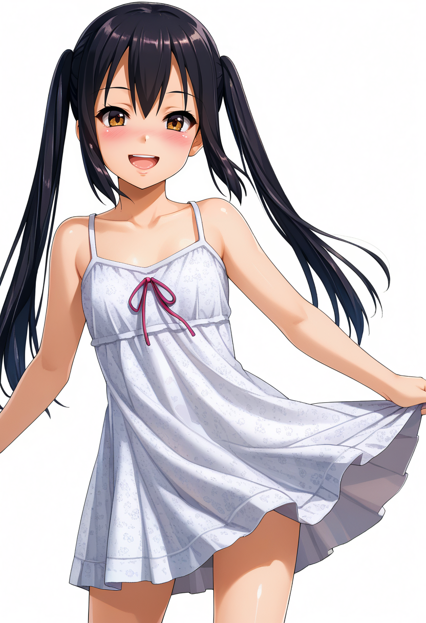 score_9,
<lora:K-On_NakanoAzusaXL(styled):1>, NakanoAzusa,
1girl, solo, open mouth, smile, blush, upper teeth only,
black hair, long hair, brown eyes, twintails,
shiny skin, sundress, white dress, bare shoulders, floral print,
looking at viewer, standing, thigh gap,
simple background, white background