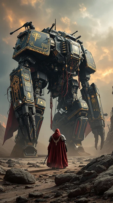 Sci-fi cinematic scene. Chaos battlefield wasteland background. Joined-leg tank, giant the tank with joined-leg, with gatling and turret. The burgundy cloak. Standing, Golden runes and cybernectic line decorate, Grimmdark, mechanical. (Ultra-realistic, 32k, Masterpiece, High Quality, Detailed Realistic Background, Official Art, Realistic Lighting, filmfotos, film grain, reversal film photography).