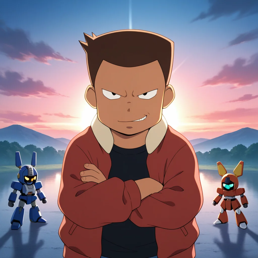 radiant reflections, rich color tones, deep contrast, intricate textures, luminous lighting, cinematic ambiance, shimmering gradients, best quality, colorful, masterpiece, detailed_background, outdoors, BREAK <lora:ginkai-v1-10:1> (m-ginkai), 1boy, young, chubby, male focus, crossed arms, smirk, red jacket, black t-shirt, 2boys, medarot, robot, incoming attack,