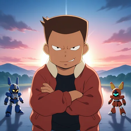 radiant reflections, rich color tones, deep contrast, intricate textures, luminous lighting, cinematic ambiance, shimmering gradients, best quality, colorful, masterpiece, detailed_background, outdoors, BREAK <lora:ginkai-v1-10:1> (m-ginkai), 1boy, young, chubby, male focus, crossed arms, smirk, red jacket, black t-shirt, 2boys, medarot, robot, incoming attack,