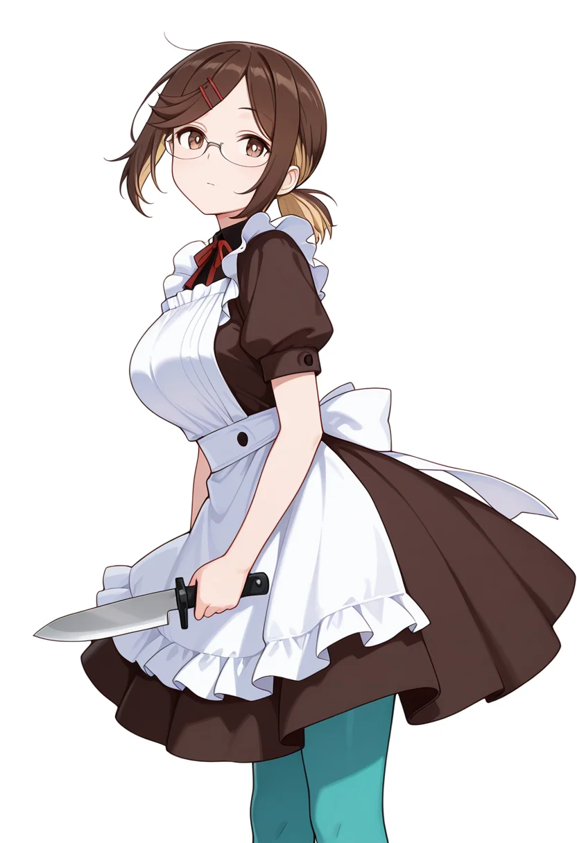 masterpiece,high quality details, absurdres,
<lora:Konoha_Koga:0.8>koga_cnr, 1girl, brown hair, short hair, brown eyes, blonde hair, two-tone hair, large breasts, semi-rimless eyewear,hairclip,ponytail, expressionless,
holding knife,, simple background, white background, from side,solo,, ^o^,, maid apron,borrowed garments,circle skirt, ,aqua pantyhose,