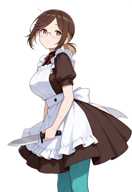 masterpiece,high quality details, absurdres,
<lora:Konoha_Koga:0.8>koga_cnr, 1girl, brown hair, short hair, brown eyes, blonde hair, two-tone hair, large breasts, semi-rimless eyewear,hairclip,ponytail, expressionless,
holding knife,, simple background, white background, from side,solo,, ^o^,, maid apron,borrowed garments,circle skirt, ,aqua pantyhose,