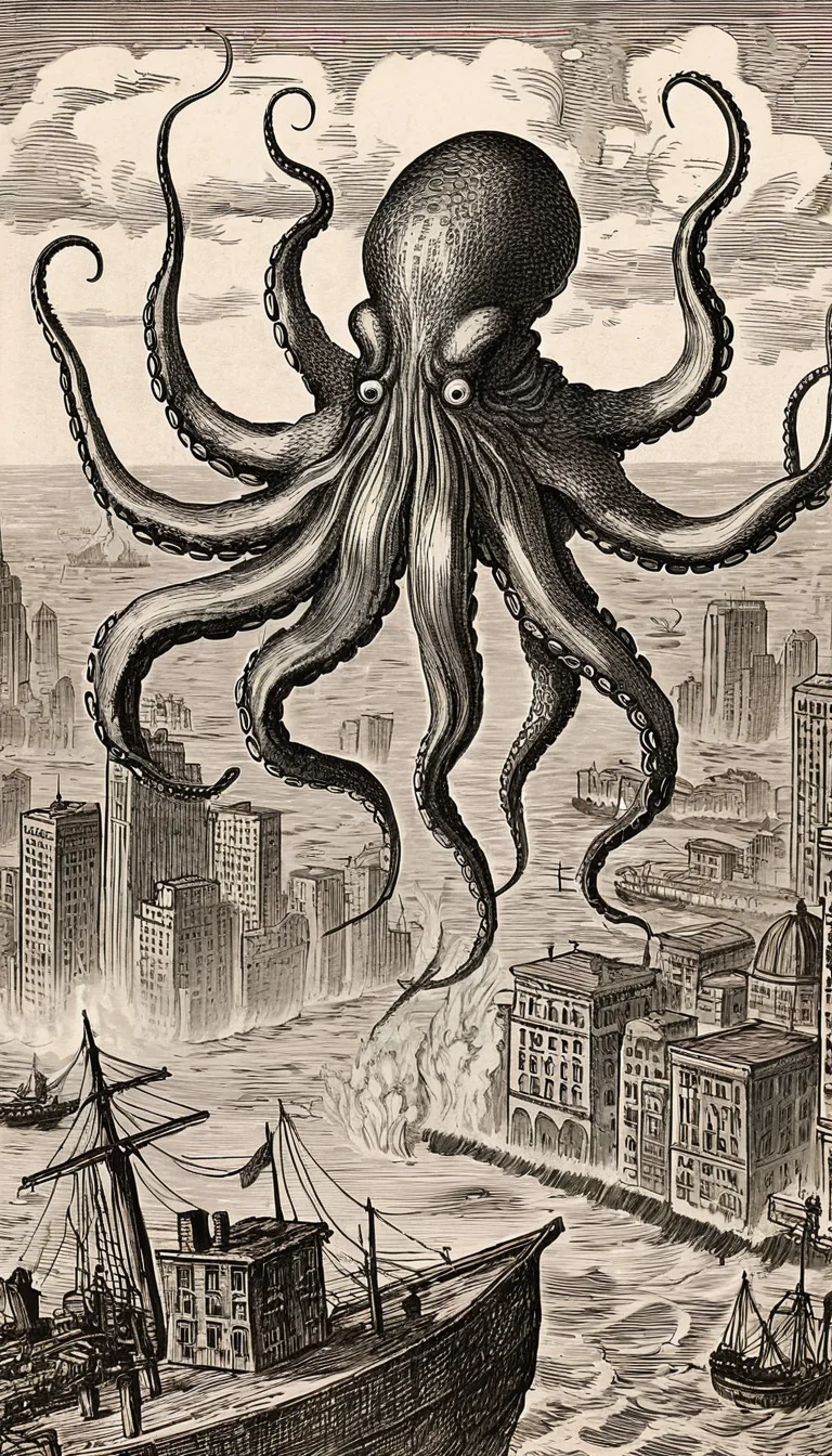 huge octopus squid monster attacking city <lora:vntg-line-art-v2:1> vntg, line-art