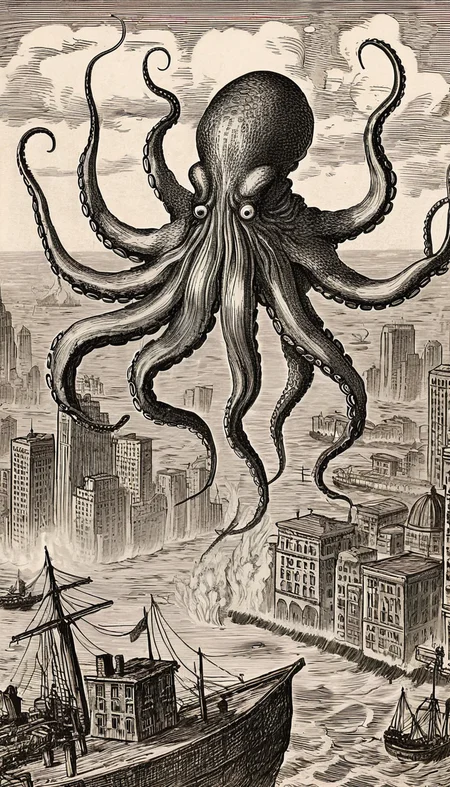 huge octopus squid monster attacking city <lora:vntg-line-art-v2:1> vntg, line-art