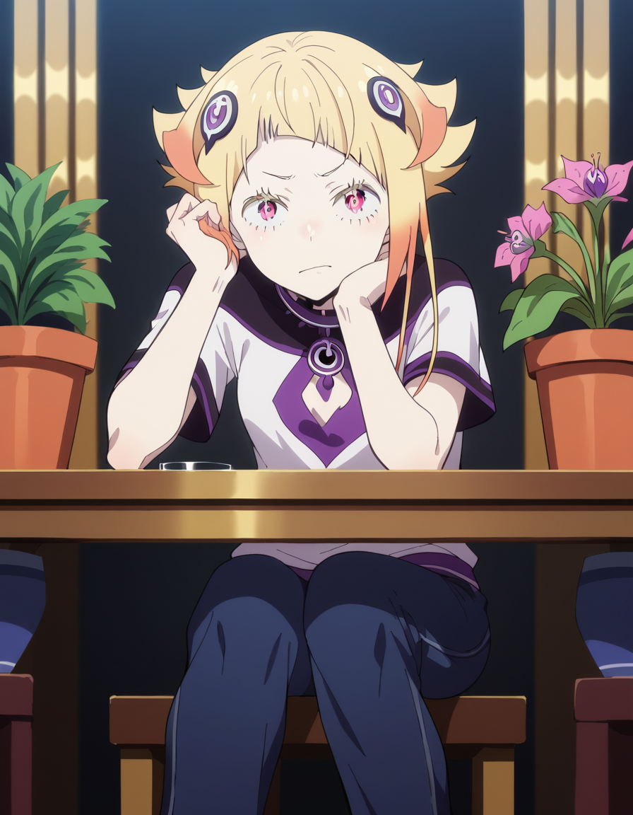 score_9, score_8_up, score_7_up, source_anime, <lora:capella-emerada-lugunica-s3-p1-ponyxl-lora-nochekaiser:1>, capella emerada lugunica, short hair, blonde hair, hair ornament, pink eyes, multicolored hair, gradient hair,, shirt, t-shirt, white shirt, pants, denim pants,, greenhouse, plants, glass, warm, growth, , sitting, head rest, table,, looking at viewer, solo,, dutch angle, cowboy shot