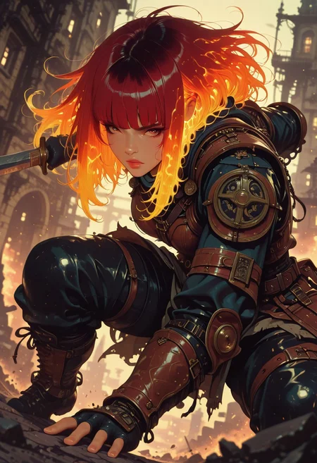 masterpiece, best quality, good quality, very aesthetic, absurdres, newest, 8K, depth of field, focused subject, in the style of cknc, artist:moriimee, in the style of cksc,  BREAK asian barbarian warrior woman, leather armour, bangs, long bioluminescent hair, , holding daggers, battle stance, dynamic angle, ancient fantasy city, battle-ready stance, dynamic pose, directional lighting
