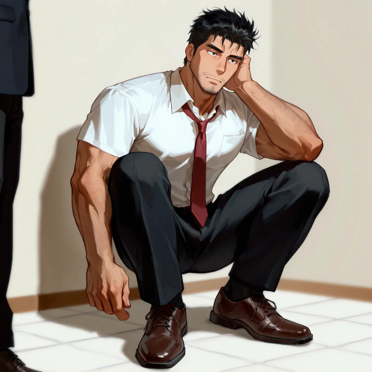 <lora:Sket_Dance__Agatha_Soujirou_-000009:.7>, sojirokun, black hair, short hair, black eyes, hairy face, white shirt, short sleeves, blazer, red tie, black pants, shoes
(very short hair, beard, bara, mature, facial hair, stubble, beard, full beard, sideburn, beard, a lot of beard, ), facial hair,male focus, muscular male, muscular male, bara, mature,  bara, mature, aixiwuganda_(20222192), very awa, masterpiece, best quality, absurdres, newest, perfect quality, detailed background, intricate details,
<lora:slider_Body Type_alpha1.0_rank4_noxattn_last:3><lora:style_Anime Summer Days 2 Style SDXL_LoRA_Pony Diffusion V6 XL:.6><lora:slider_cfg_scale_boost:.7><lora:face_Artist6p-10:.55>, Artist6p, Artist04p,<lora:slider_il_brightness_slider_d1:-1><lora:slider_il_contrast_slider_d1:-1><lora:slider_DarkSlider1.2_alpha1.0_rank16_full_300steps:-.6>