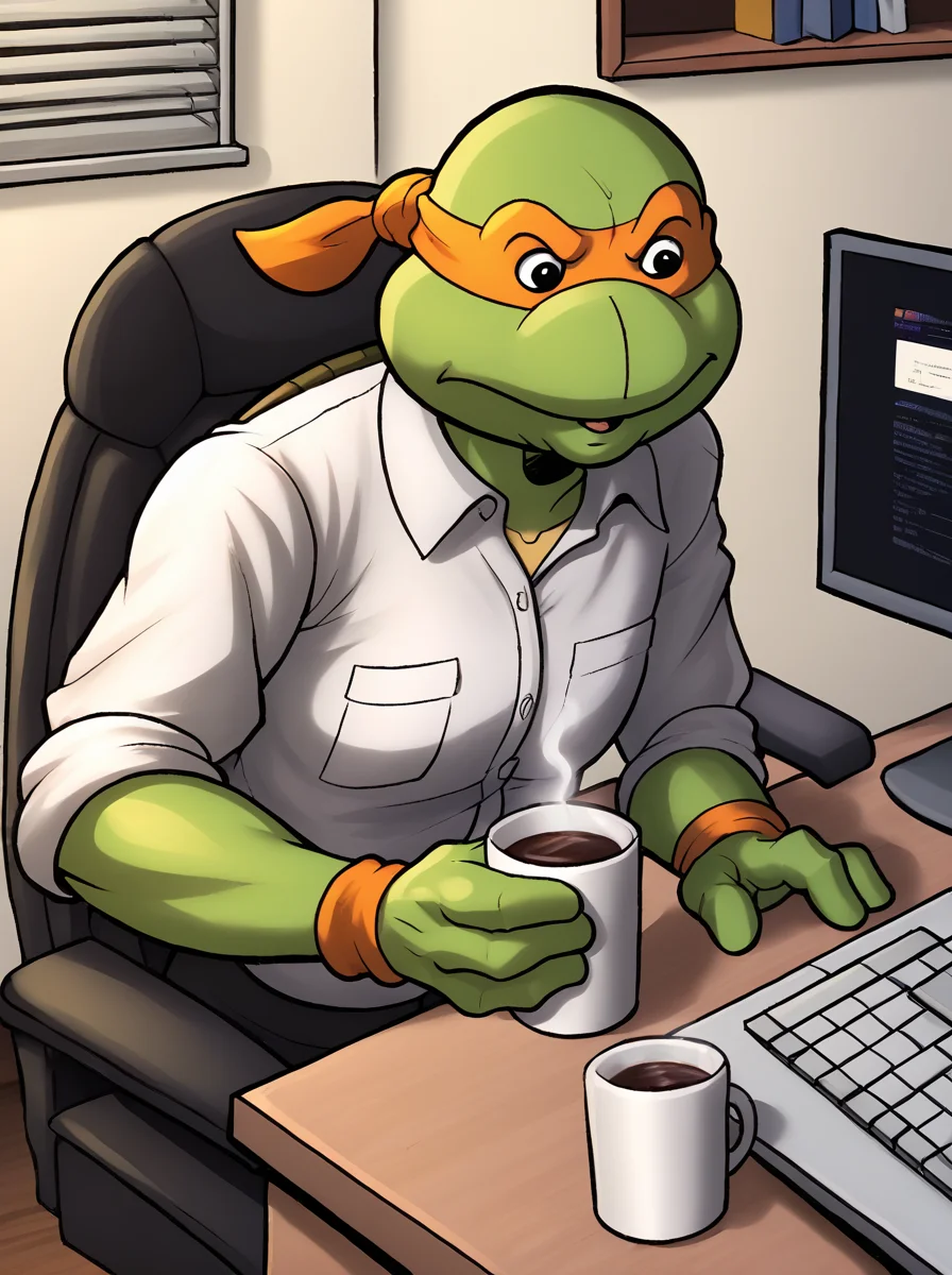 (tmnt),(Michelangelo:1.2),sitting at a desk,office,computer,coffee cup,keyboard \(computer\),mouse \(computer\),white shirt,office chair,fluorescent lighting,sterile,depressed, <lora:sdxlpony tmntsma v1:0.7>