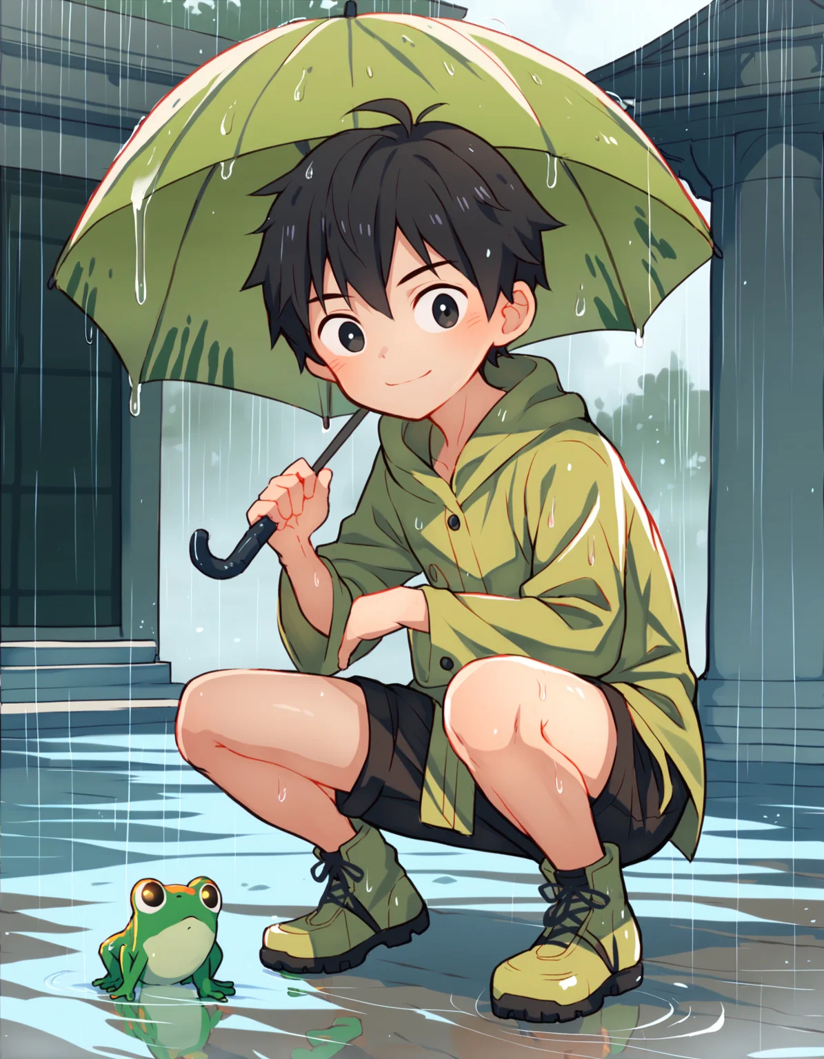 score_9, score_8_up, score_7_up, score_6_up, source_anime, outdoors, rain, temple gate, 1boy, 1animal, solo, black hair, black eyes, green raincoat, black shorts, green rubber boots, looking at frog, squatting, smile, holding umbrella, frog <lora:maruikotatsu-amxl-v1b-ShoAI:1>