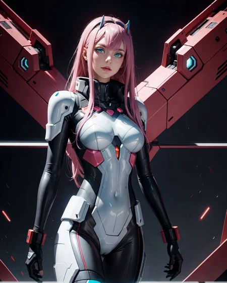 (<lora:Zero_Two_Darling:0.8> Zero_Two_Darling, bodysuit, :1.2), (full length 24 years old adult woman medium bosom:1.1), (Zero Two from Darling in the Franxx), neon pink hair, teal blue eyes, futuristic, metallic horns, cyberpunk, a post-apocalyptic world where technology failed (Zero Two from Darling in the Franxx style of Richard Avedon), vivid pink bob cut, teal blue eyes, sleek bodysuit, glowing accents, silver mech horns, standing atop a massive futuristic mech, clear blue skies, windswept dynamic pose, confident smile, reflective metallic details