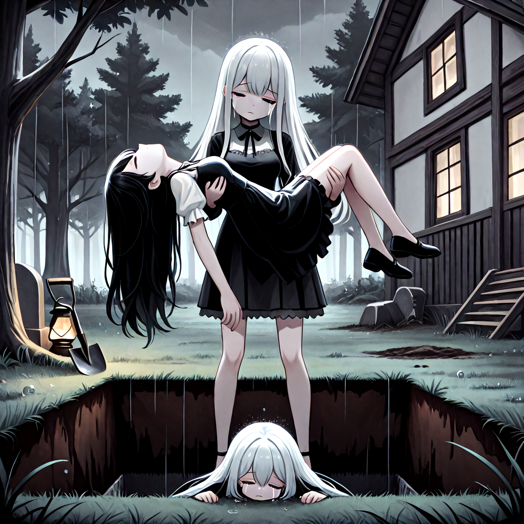 absurdres, explicit, grave digging, hand on ground, princess carry, 2girls, sleeping, carrying, crying, tears, sad, breasts, closed eyes, closed mouth, pale skin, long hair, black hair, white hair, gothic dress, bangs, tree, grass, death, corpse, victorian, house, building, oil lamp, lantern, shovel, fog, smog, grey sky, head tilt, rain, water drop, from below, low angle, wide shot, sitting, bent over, ((leaning back)), <lora:girlhategravedigging_ilxl:0.8>