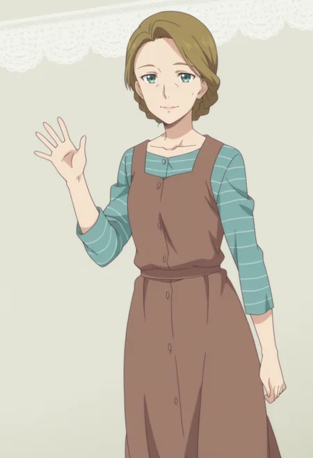 anime screencap, anime coloring, 1girl,  solo,   <lora:DX888Tachibana:1> tachbana tsukiko, green eyes, brown hair, mature female,wrinkled skin , folded braid BREAKgreen dress, aqua dress, pinafore dress, striped dress, long dress BREAK grey background, lace background, BREAK dutch angle,  from side, dynamic pose, posing,  , light smile,   waving,