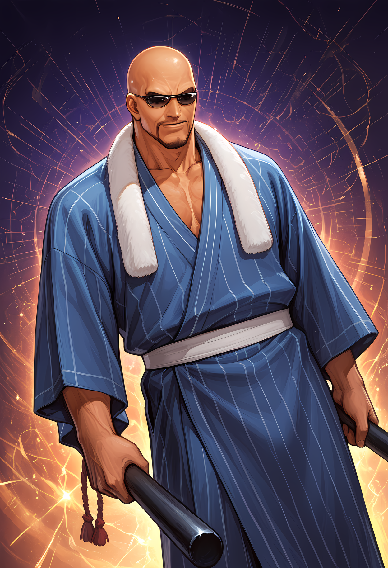 masterpiece, best quality, amazing quality, dutch angle, abstract background, BREAK
1boy, solo, male focus, aof_mrbig, dark skin, bald, sunglasses, facial hair, yukata, japanese clothing, batons, weapons, BREAK
<lora:cfg_scale_boost:.6>  <lora:Mr._Big_-_Art_of_Fighting_-_ILXL:1>