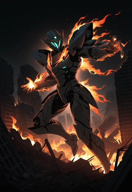 masterpiece, best quality, 1other, solo, SAM, mecha, full armor, helmet, wide shot, ruins, city, flame, fire, action pose, dynamic pose, dark theme, <lora:ChamFireflyNoob:1>