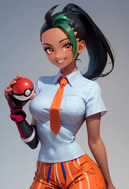 score_9, score_8_up, score_8, medium breasts, (curvy), cute, eyelashes,  
Nemona \(Pokemon\),  black hair, green hair, orange eyes, dark skin, multicolored hair, two-tone hair, hair pulled back, collared shirt, fingerless gloves, orange shorts,
smile, looking at viewer, (holding pokeball)