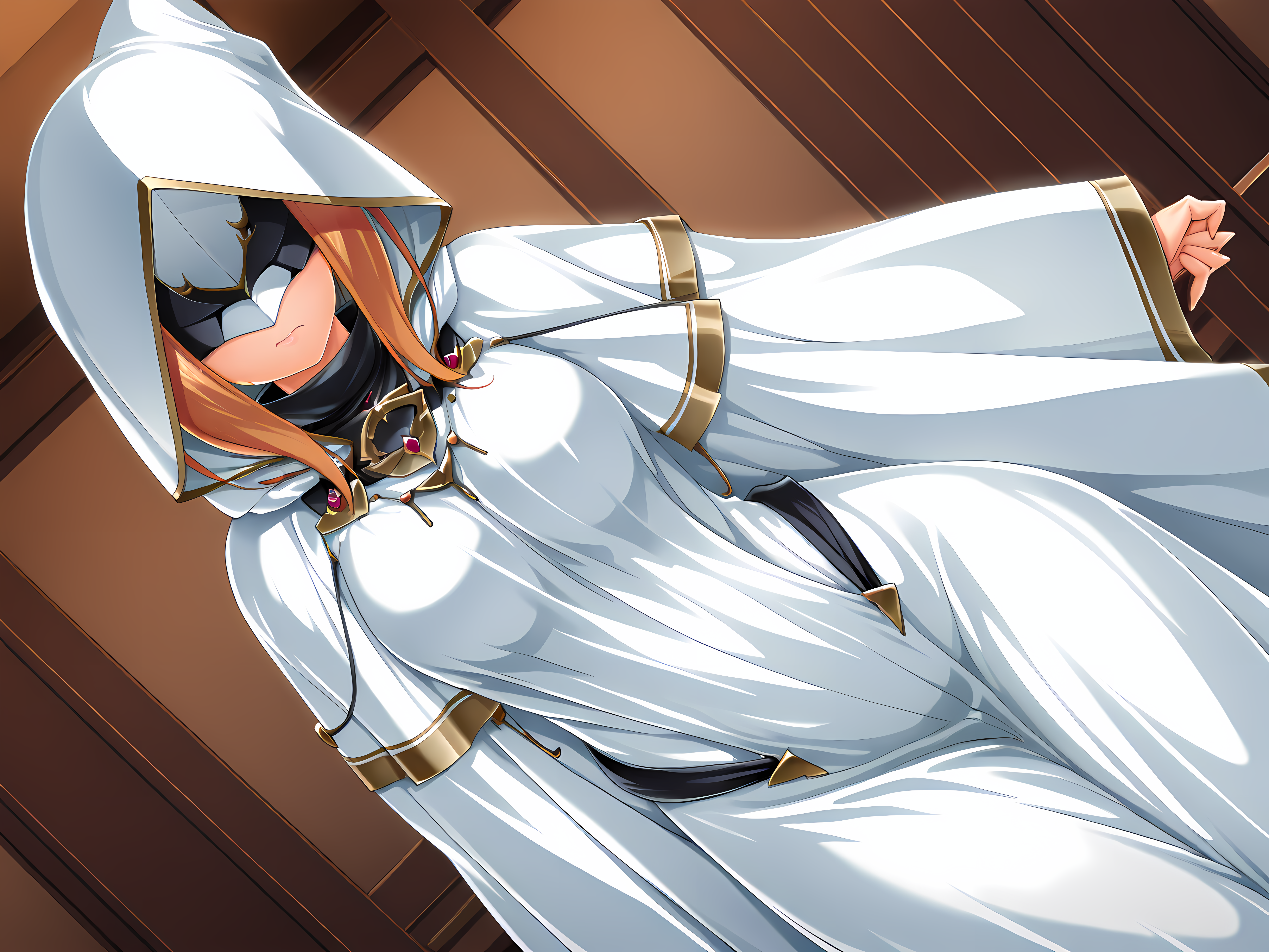 kaede,fhk outfit,female orgasm,inoino,medium breasts,<lora:Kaede_-_Exs-Tia:1>,cowboy shot,breasts,dutch angle,head tilt,indoors,white robes,hood,mask,covered eyes,(pantyhose:0.5),long skirt,, masterpiece,best quality,amazing quality,