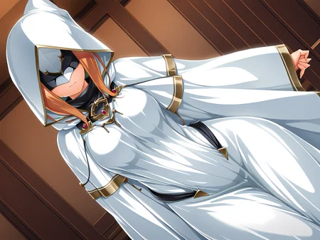 kaede,fhk outfit,female orgasm,inoino,medium breasts,<lora:Kaede_-_Exs-Tia:1>,cowboy shot,breasts,dutch angle,head tilt,indoors,white robes,hood,mask,covered eyes,(pantyhose:0.5),long skirt,, masterpiece,best quality,amazing quality,