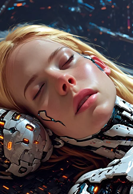 cpunk, IBG, 4ng3l face
1girl, cyborg body, blonde hair, beautiful face, sleeping, sci fi background