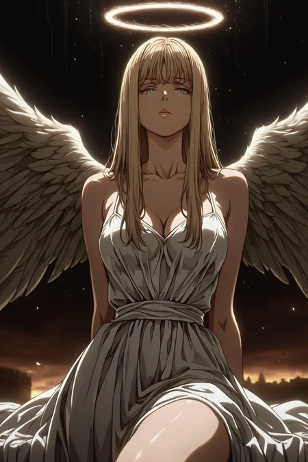 1girl, solo, alone, angel, wings, looking at the viewer, white dress, <lora:dark_art_style_illustriousXL:1>, dark_art_style, masterpiece, highres