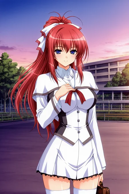 <lora:shiratori_mikoto_iny_ills:1>shiratori mikoto, school uniform, white short capelet, 1girl, solo, long hair, blue eyes, white fitted skirt with black frills, school bulding background, school park, outdoor, thighhighs, side white big hair bow, ponytail, red hair, white thighhighs, zettai ryouiki, one hand on chest,   seductive smile, high resolution,  cowboy shot, looking on viewer, large breast, (white thight sleeves), (red ribbon tie under capelet), slender body, young-adult, full body, brown loafer,