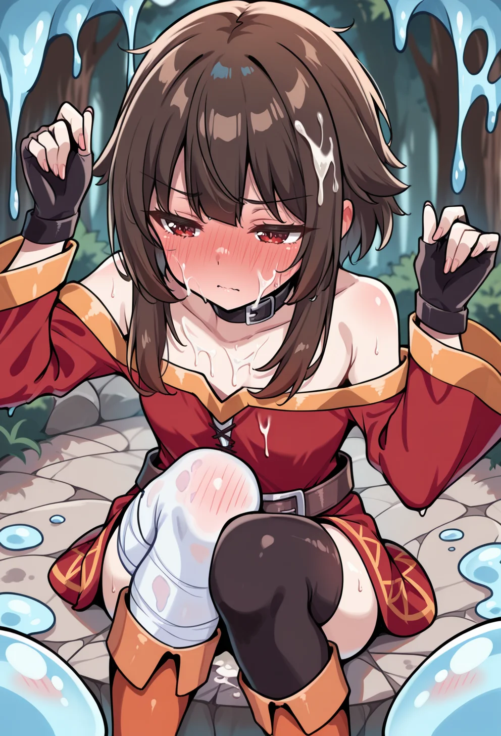 masterpiece, best quality, high quality, anime, <lora:AEMeguminIlx:1> AEMegumindef, red eyes, Brown hair, Belt choker, red dress, off-shoulder dress, Black gloves, fingerless gloves, Belt, mismatched legwear, asymmetrical legwear, bandaged leg, black thighhighs, knee boots, full-face blush, suggestive fluid, white slime \(substance\), hands up, wet clothes, slime_on_face, facial, bukkake,