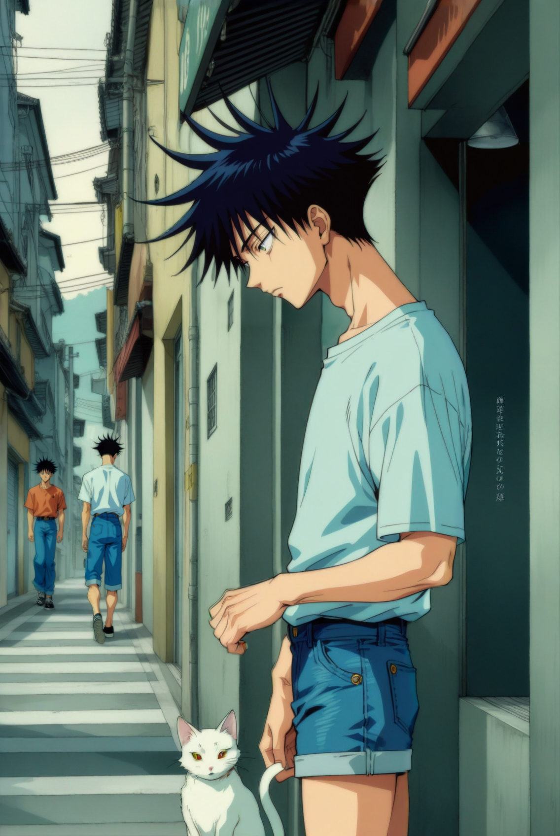1boy, male focus, fushiguro megumi, jujutsu kaisen , (90s anime style:1.5), front view, outdoors, street view, (looking down:1.3), perfecteyes, shirt, denim shorts, (a single white cat sitting next to them) <lora:detailed_notrigger:1> <lora:ParchartXL_CODA:0.2> <lora:Isometric Cutaway:1> <lora:PerfectEyesXL:1> <lora:Surreal Harmony:0.2>