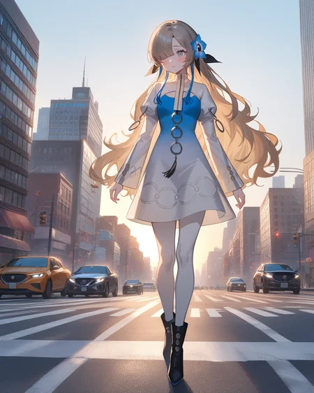 1girl, isekaijoucho, isekai joucho,
blue hair flower, gray wavy long hair, hair over one eye, multicolored hair, white blue two-tone dress, blue white gradient dress, puffy long sleeves,
outdoor, newyork city, scyscraper buildings, morning haze, crossroad, walking, full body,
masterpiece, best quality, very aesthetic,
<lora:neg4all_bdsqlsz_xl_V91:1>, <lora:Isekaijoucho_anmgn31_B:0.6>