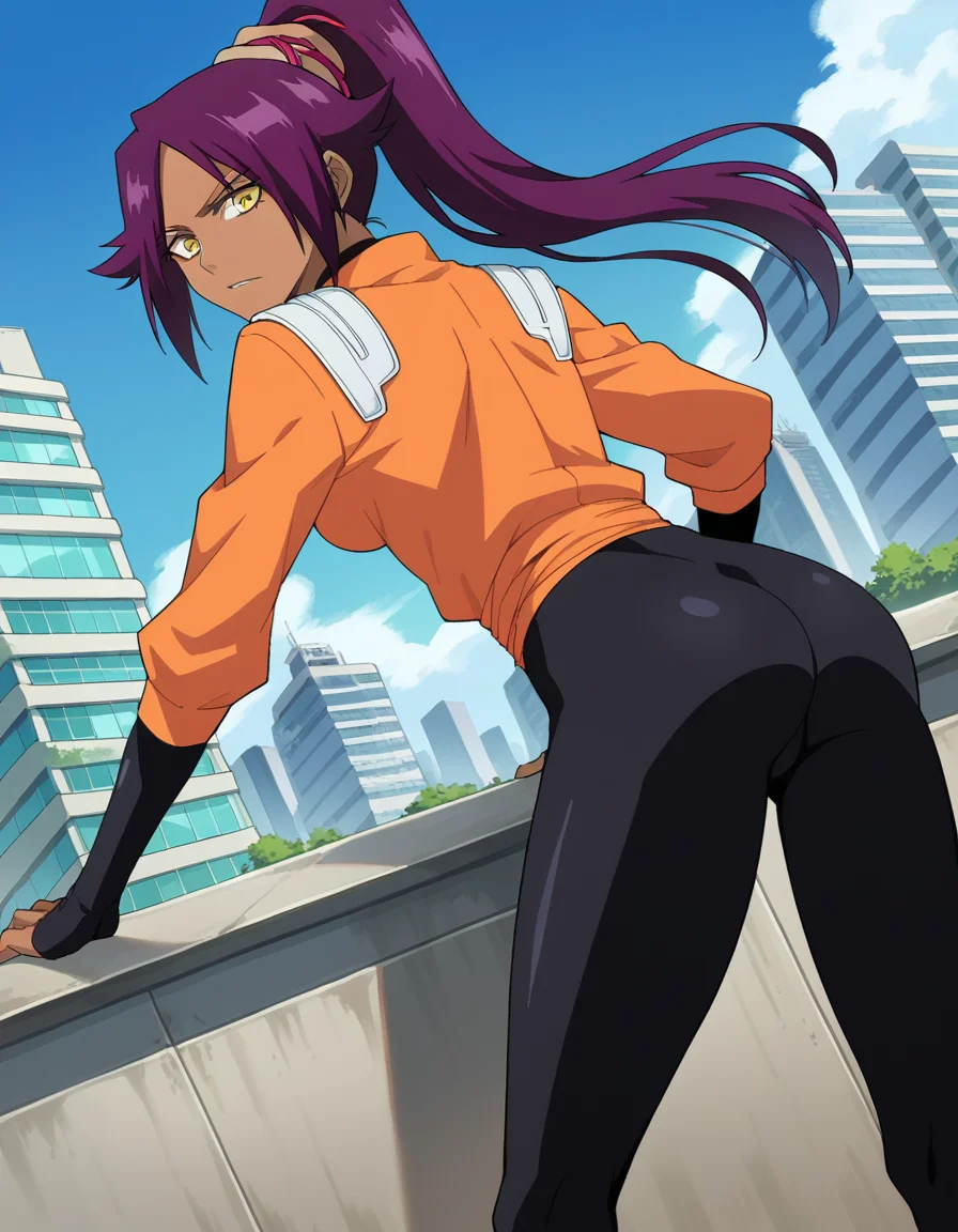 score_9, score_8_up, score_7_up, source_anime,
yoruichishihouin, <lora:yoruichi-shihouin-ponyxl-lora-nochekaiser:1>
yoruichi shihouin, long hair, yellow eyes, ponytail, purple hair, dark skin, dark-skinned female,
bodysuit, black bodysuit, bodysuit under clothes, orange shirt, long sleeves,
outdoors, cityscape, bent over,
looking at viewer, dutch angle, cowboy shot,