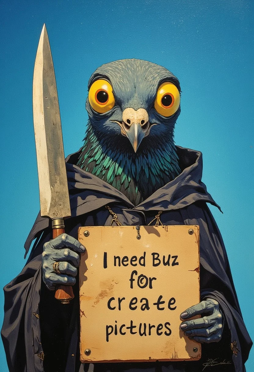 masterpiece, best quality, create a detailed oil painting in a dark fantasy style featuring a pigeon with oversized, bulging yellow eyes, staring intently at the viewer while holding a comically large knife and holds a sign in his that says "I need Buzz for create pictures.". Incorporate noticeable pencil strokes to add texture to the artwork. The background should be a simple sky blue, providing a contrasting backdrop to the whimsical yet intriguing scene. The artwork should be inspired by the Renaissance, showcasing realism and the qualities of portrait photography. Focus on creating a captivating and imaginative portrayal of this unique character, Cinematic, beautiful, vibrant, masterpiece, 32k, ultra HD, ultra-detailed, amazing quality, amazing artist, sharp edges, detailed textures, full view, atmospheric lighting, amazing visuals